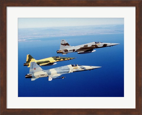 Framed Three F-5E Tiger II fighter aircraft in flight Print