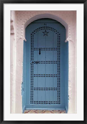 Framed Moorish-styled Blue Door and Whitewashed Home, Morocco Print