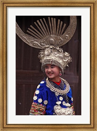 Framed Miao Girl in Traditional Silver Hairdress and Costume, China Print