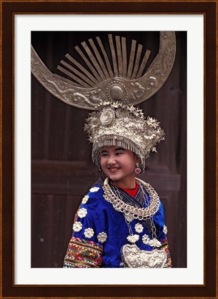 Framed Miao Girl in Traditional Silver Hairdress and Costume, China Print