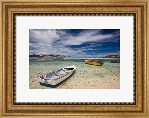 Framed Seychelles, La Digue Island, Fishing boats Print