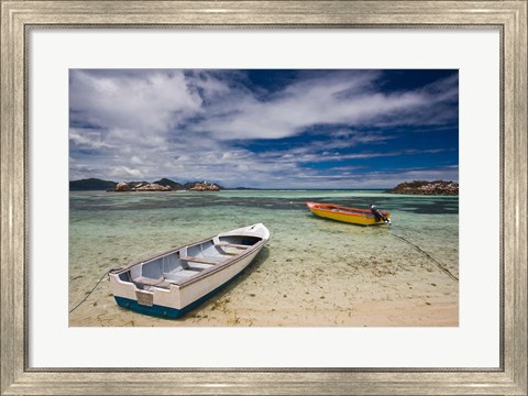 Framed Seychelles, La Digue Island, Fishing boats Print