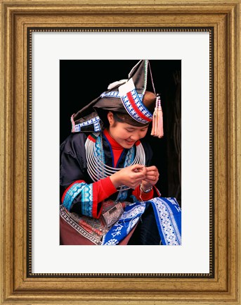 Framed Tip-Top Miao Girl Doing Traditional Embroidery, China Print
