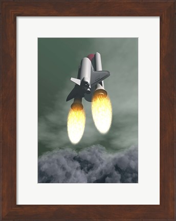 Framed Space shuttle taking off amongst grey smoke and clouds Print