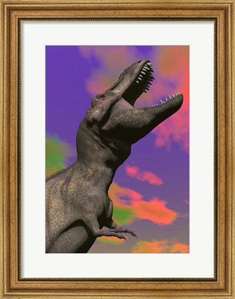 Framed Tyrannosaurus Rex roaring against a colorful sky Print