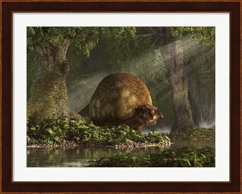 Framed large Glyptodon stands near the edge of a stream Print