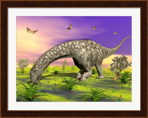 Framed Argentinosaurus eating plants while surrounded by butterflies and flowers Print