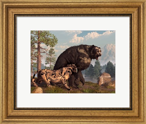 Framed saber-toothed cat tries to drive a short-faced bear out of its territory Print