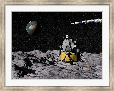 Framed Apollo on surface of moon, with Saturn V rocket in the background Print