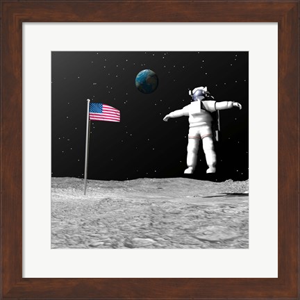 Framed First astronaut on the moon floating next to American flag Print