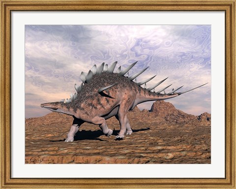 Framed Kentrosaurus dinosaur walking in the desert Print
