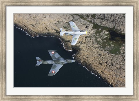 Framed Saab J 29 Flying Barrel and Hawker Hunter vintage jet fighters of the Swedish Air Force Print