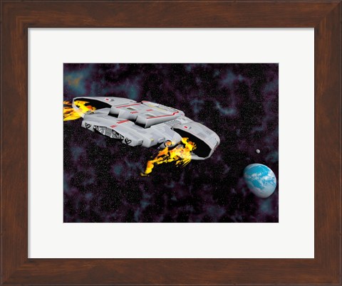 Framed Spaceship with afterburners engaged as it approaches planet Earth Print