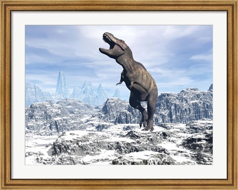 Framed Tyrannosaurus Rex dinosaur in a snowy landscape Print