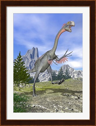 Framed Gigantoraptor dinosaur running in the mountains Print