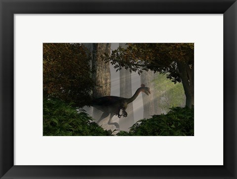 Framed Gigantoraptor in a dense prehistoric forest Print