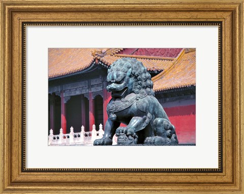 Framed China, Beijing, Lion statue guards Forbidden City Print