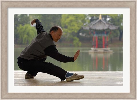 Framed Man Doing Tai Chi Exercises at Black Dragon Pool with One-Cent Pavilion, Lijiang, Yunnan Province, China Print
