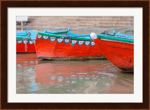 Framed Wooden Boats in Ganges river, Varanasi, India Print
