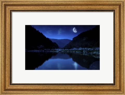 Framed Moon rising over tranquil lake and forest against starry sky, Bulgaria Print
