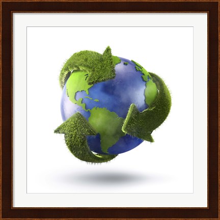 Framed 3D Rendering of planet Earth surrounded by grassy recycle symbol Print
