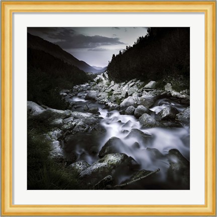 Framed Small river flowing over large stones in the mountains of Pirin National Park, Bulgaria Print