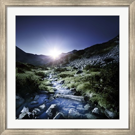 Framed Small stream in the mountains at sunset, Pirin National Park, Bulgaria Print