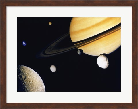 Framed Saturn and its Satellites.  Clockwise from right: Tethys, Mimas, Encleladus, Dione, Rhea &amp; Titan Print
