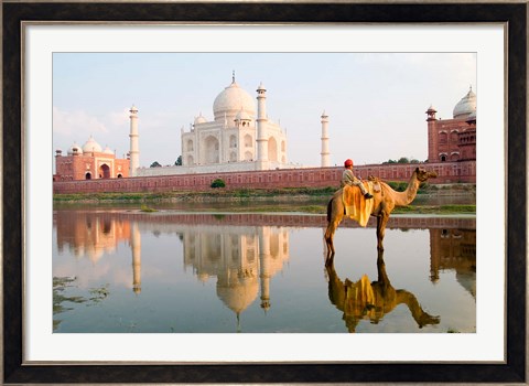 Framed Young Boy on Camel, Taj Mahal Temple Burial Site at Sunset, Agra, India Print