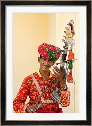 Framed Young Man in Playing Old Fashioned Instrument Called a Sarangi, Agra, India Print