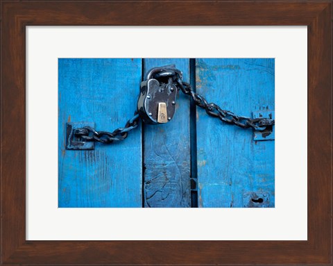 Framed India, Ladakh, Kargil, Padlock on blue door Print