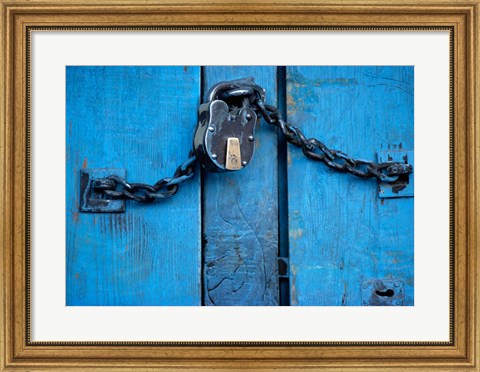 Framed India, Ladakh, Kargil, Padlock on blue door Print