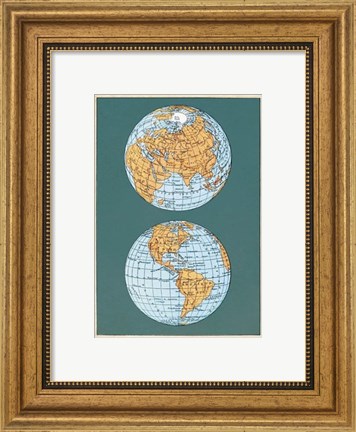 Framed Map of the World&#39;s Hemispheres, two views Print