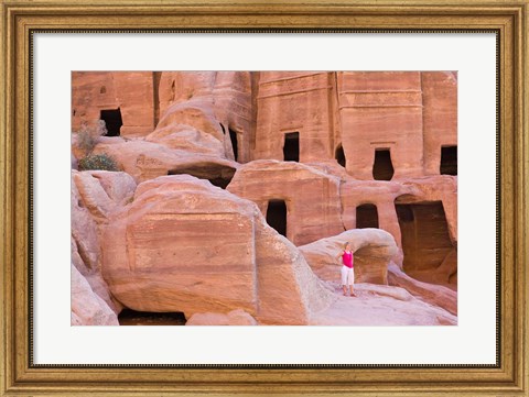 Framed Tourist with Uneishu Tomb, Petra, Jordan Print