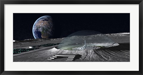 Framed domed crater is home to a lunar city Earth rises in the background Print