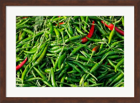 Framed Maeklong railroad tracks market, Thai peppers, Bangkok, Thailand Print