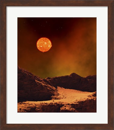 Framed Rugged Planet Landscape Dimly Lit by a Distant Red Star Print