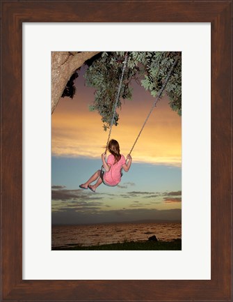 Framed Girl, Rope Swing, Family Fun, Thames, New Zealand Print