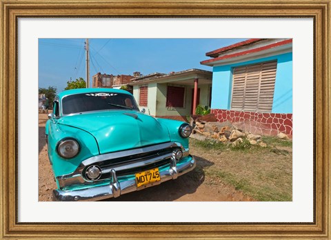 Framed Trinidad, Cuba, blue classic 1950s Chevrolet car Print