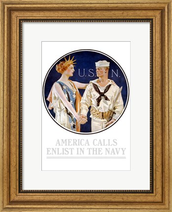 Framed Vintage World War II - Liberty Shaking Hands with a Sailor Print