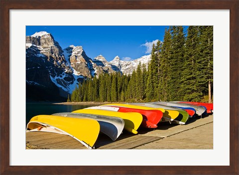 Framed Moraine Lake and rental canoes stacked, Banff National Park, Alberta, Canada Print