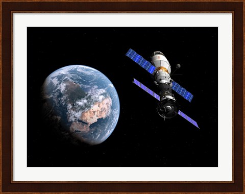 Framed manned Soyuz TMA-M spacecraft docked with an extended stay module Print