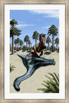 Framed Carnotaurus eating the flesh of a dead Chubutisaurus Print