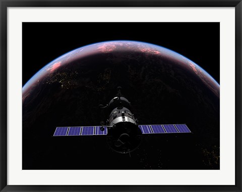 Framed Soyuz TMA-M spacecraft soars over the Atlantic Ocean at sunset Print