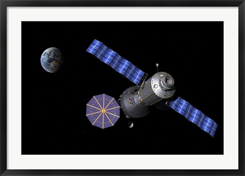 Framed Artist&#39;s concept of the Deep Space Vehicle docked to the Extended Stay Module Print