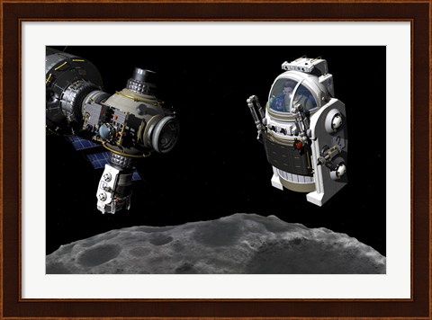 Framed Manned Maneuvering Vehicle prepares to descend to the surface of a small asteroid Print