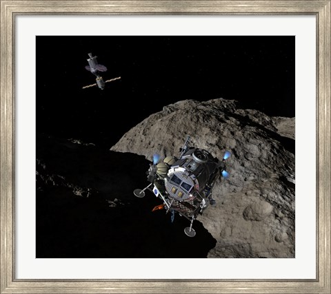Framed manned Asteroid Lander descends toward the surface of an ancient asteroid Print