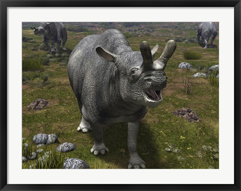 Framed Brontotherium leaves his forest habitat in search of a meal Print
