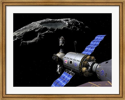 Framed Manned Maneuvering Vehicle undocks and prepares to descend to the surface of a small asteroid Print