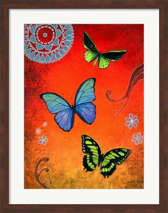 Framed Fluorescent Green and Blue Butterflies Print